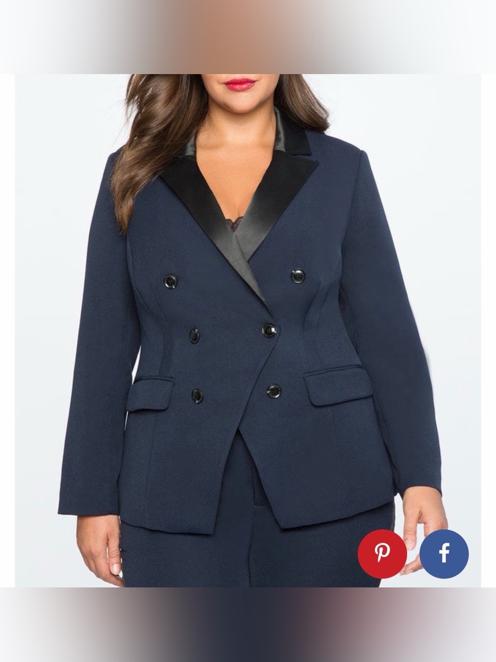 ELOQUII Navy Double-Breasted Blazer with Black Satin Lapel